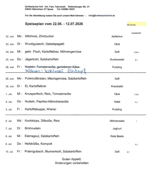 Änderung Speiseplan Juni Juli